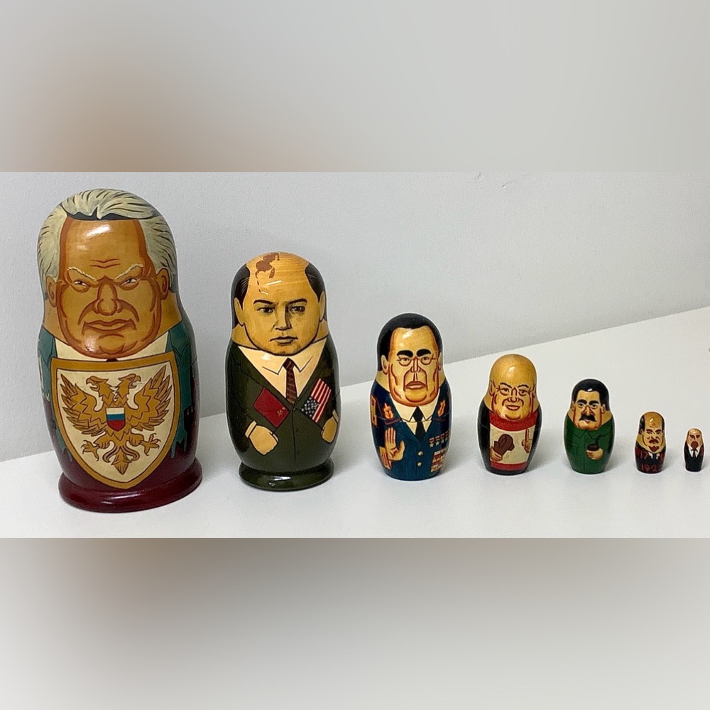 1990s Vintage Soviet Era Hand Painted Wooden Historic Russian Leaders Matryoshka